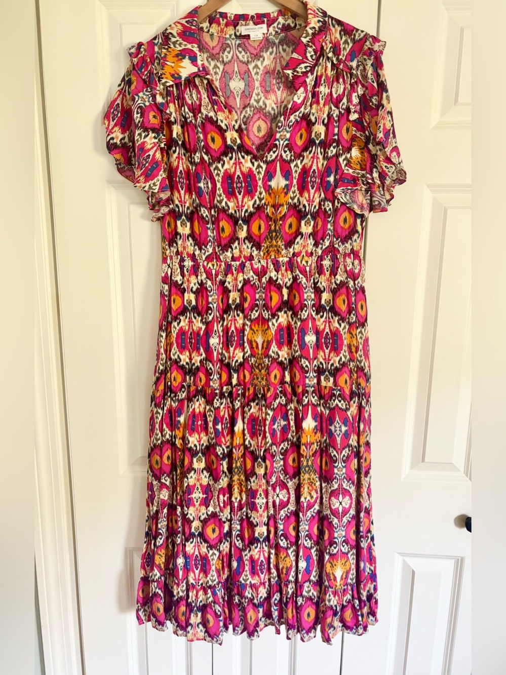 Chic Soul Pink Ikat Tiered Midi Dress 1X Boho Ruffle Sleeve Lined